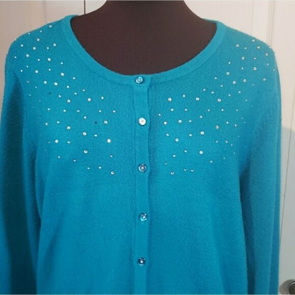 CJ Banks Teal Rhinestone Button Up Long Sleeve Sweater - Picture 2 of 7